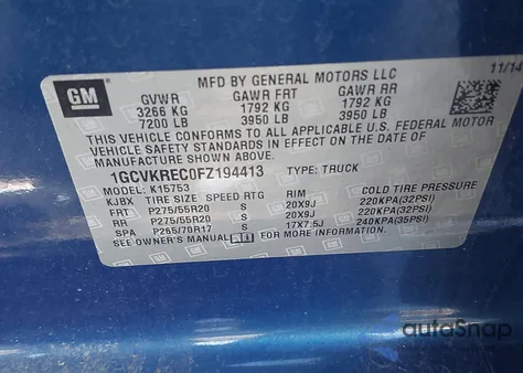 2015 Chevrolet Silverado 1500 1Lt from USA, damaged, VIN 1GCVKREC0FZ194413